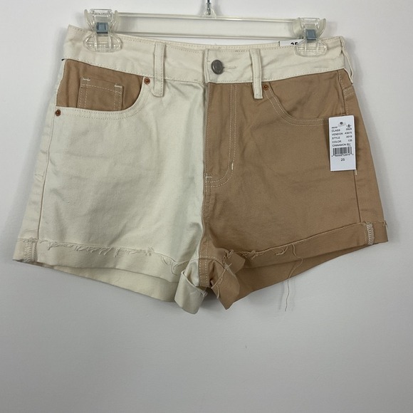 PacSun Pants - Pacsun Mom Shorts Size 25 Two Tone Color Block Denim Cut Off Raw Hem